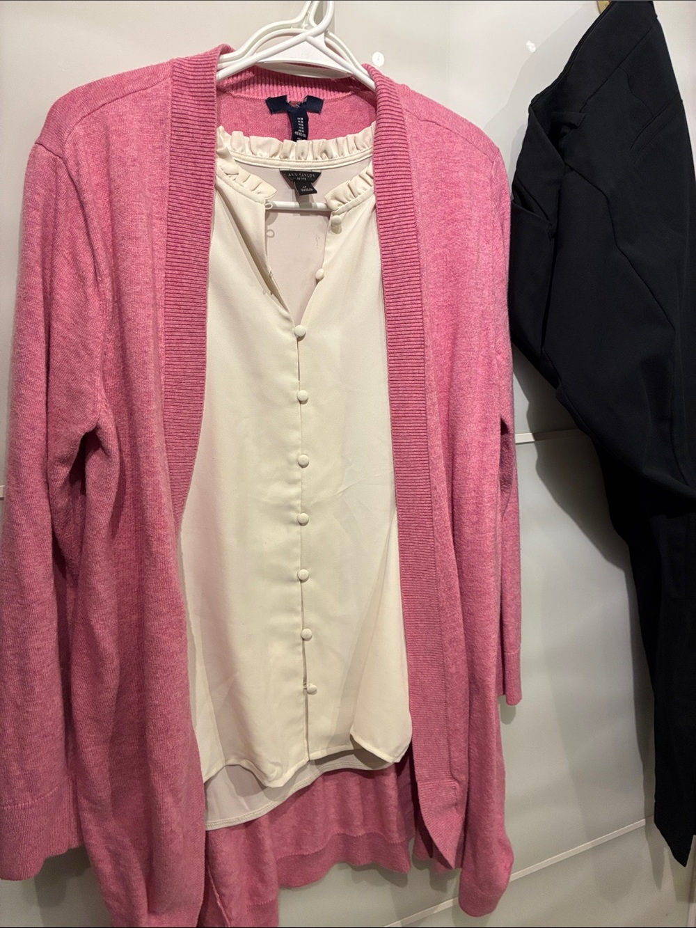 Old Navy Pink Cardigan with Ann Yaylor Cream Blouse& black pixie pants